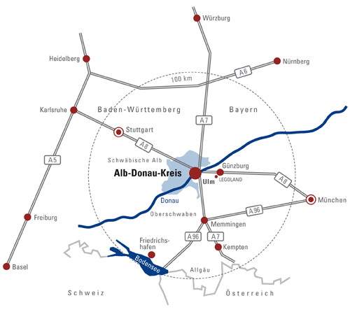 Eine Karte des Alb Donau Kreis, im Zentrum ist Ulm